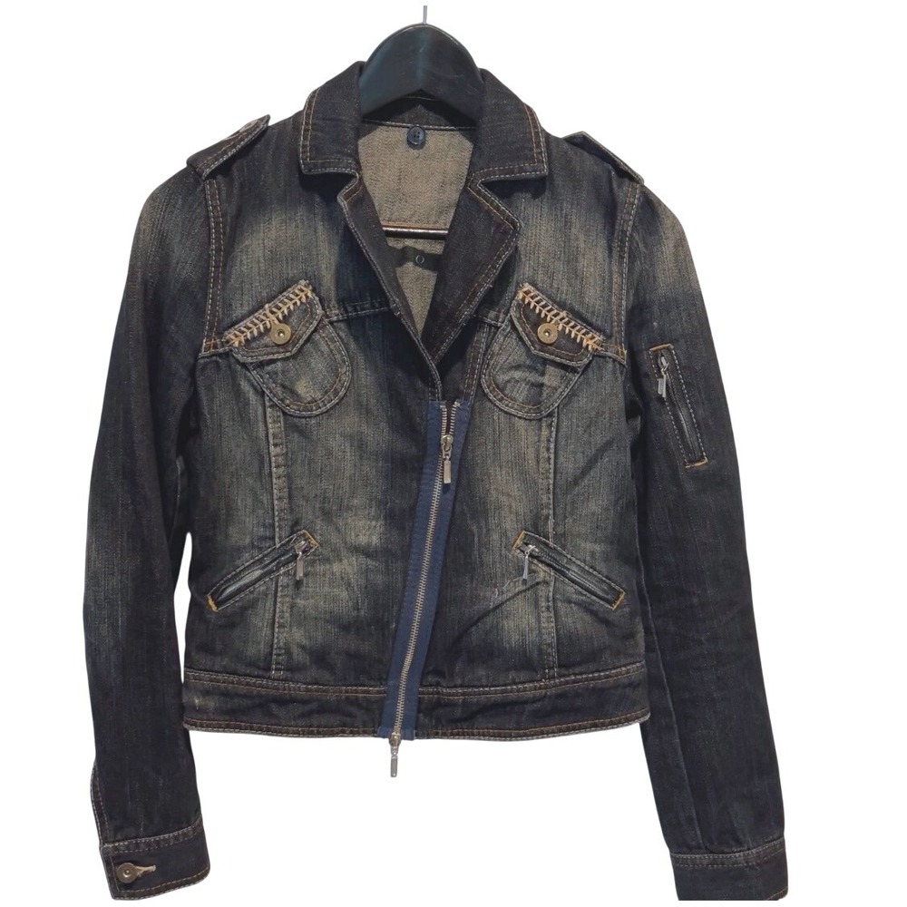 STEFANEL Womens Dark Wash Denim Jacket Moto Style Embellished Accents Size Small